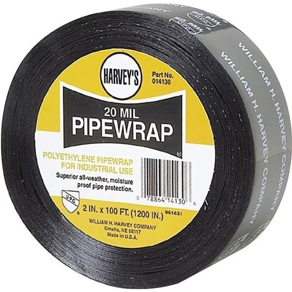 0 Pipe Wrap, 100 ft L, 2 in W, 20 mil Thick, Black, Harvey, Mfr#: 14130
